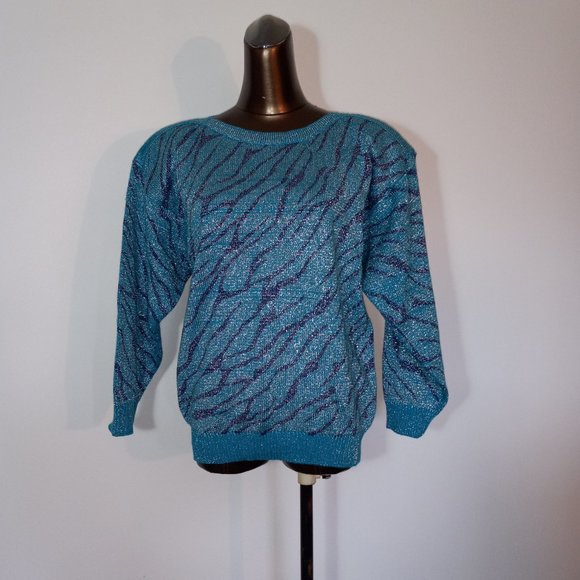 crew-neck tourquoise metalic thread zebra print sweater vintage 1980s - Picture 7 of 8